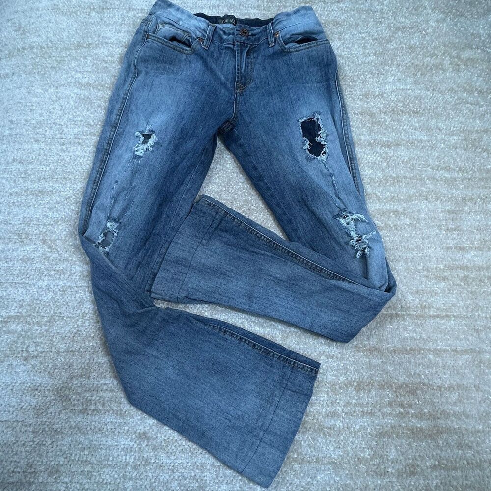 Canal Jeans Womens 40 Blue Distressed Flare Bootcut Stretch Ripped Knee Logo